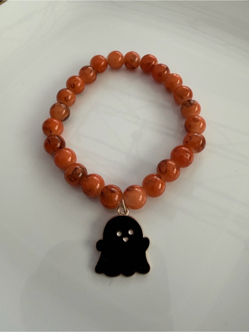 Kawaii Ghost Charm Orange Beaded Stretch Bracelet Handmade Festive Jewelry